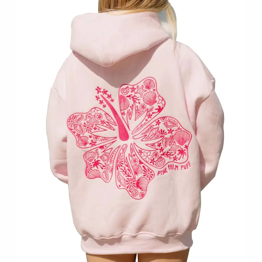 Oversized Hoodie with Palm Tree Graphic & Floral Back Print, Unisex Loose Fit Polyester Pullover with Longsleeves, Comfortable Streetwear with Pocket, Simple, Embroidery