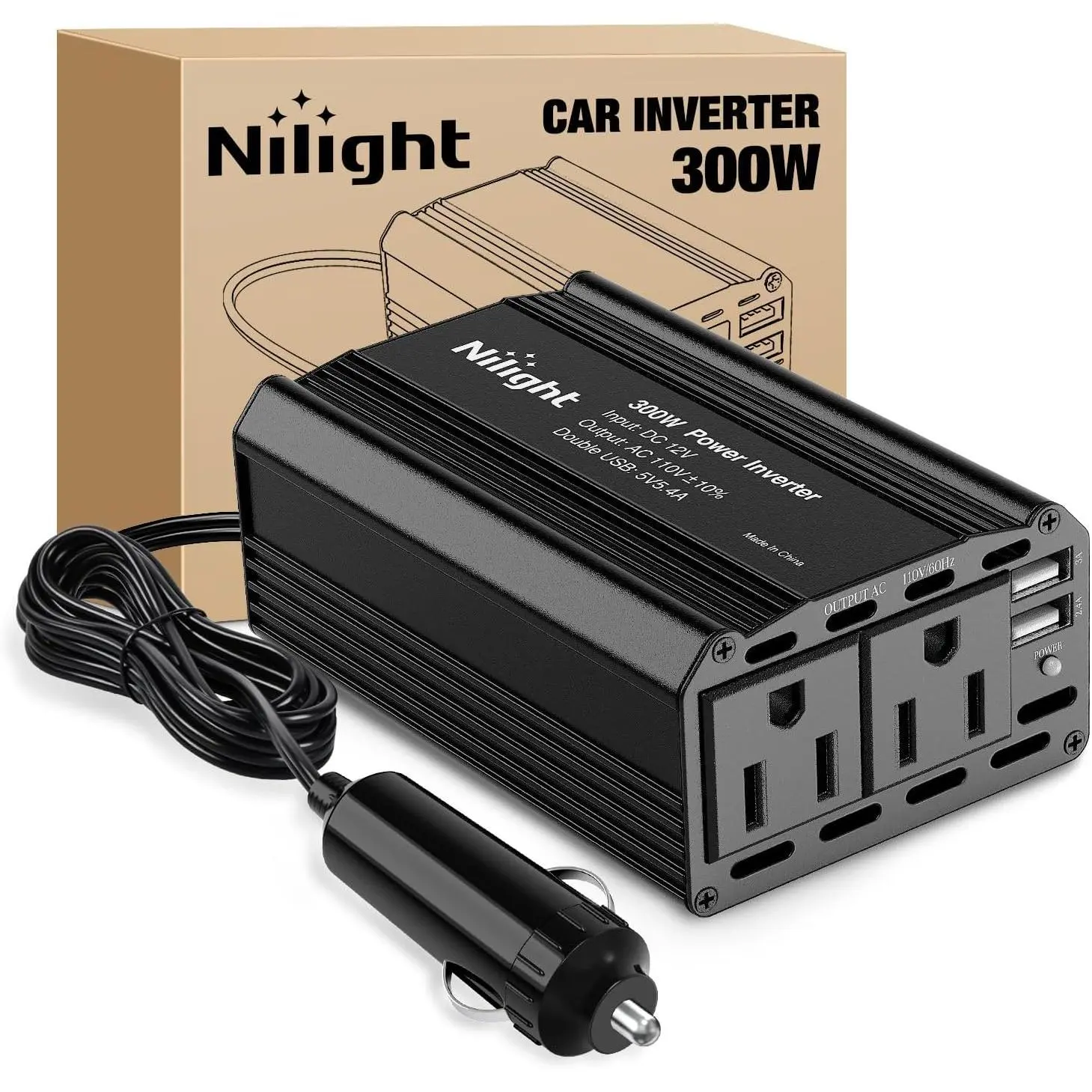 Nilight 300W 12V DC to 110V AC Smart Charge Car Power Inverter - High Speed Charger with 5.4A Dual USB Ports, 2 AC Outlets, Dual Protection, Aluminum Alloy Build for Phones, Laptops, Road Trips