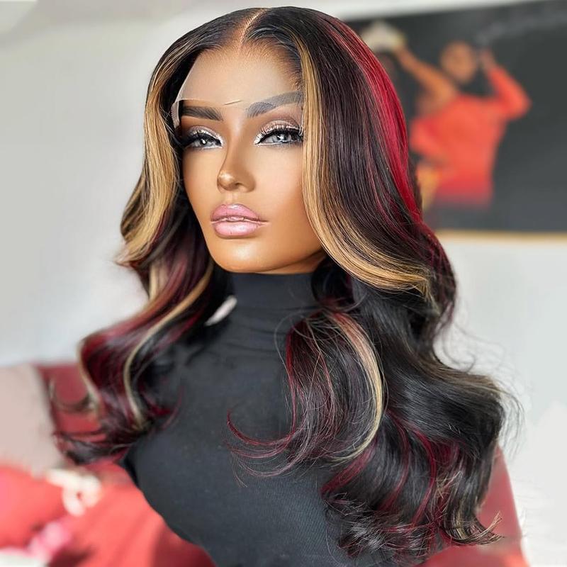 Cherry Red With Blonde and Black Colored Body Wave Brazilian Higlights Red Color Human Hair Wig For Women Pre-Plucked 13x4 Lace Front Wig 180 Density