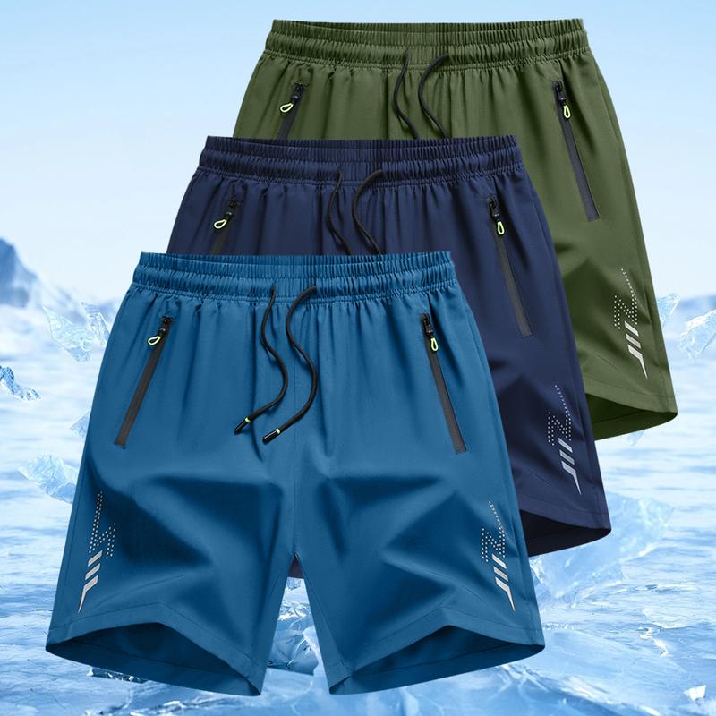 3pcs Men's Letter Print Zipper Pocket Shorts, Casual Breathable Athletic Quick Driving Straight Leg Travel Shorts, Mens Shorts, Workout Clothing Activewear, Men's Bottoms for All Seasons, Shorts for Men, Workout Gym Shorts solid color basic style Elastic