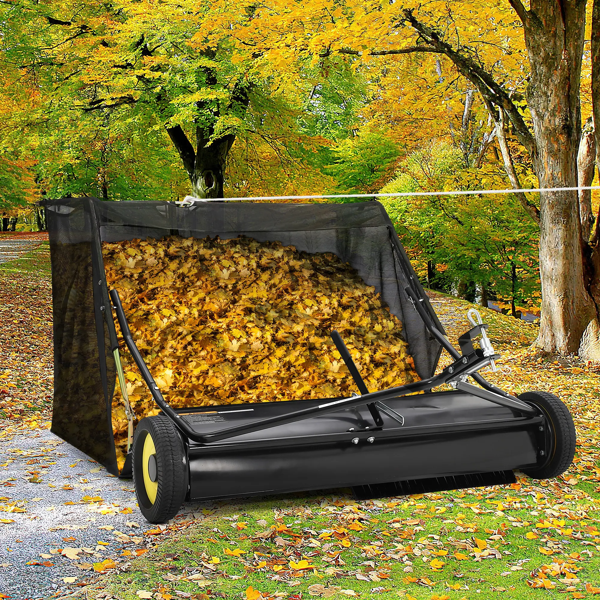 Tow Behind Lawn Sweeper, 42/44/48/50 Inch,Heavy Duty Large Capacity Leaf & Grass Collector with Adjustable Sweeping Height, Dumping Rope Design for Picking Up Debris and Grass, Black