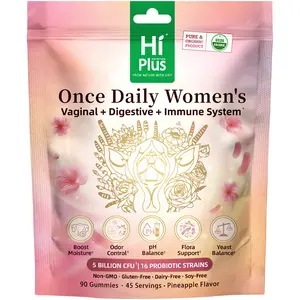 HiPlus Women's Probiotic Gummies with Prebiotic Fiber - Supports pH Balance & Odor Control - 16 Strains (5 Billion CFU) - Delicious Pineapple Flavor for Gut & Feminine Health - Dairy & Soy Free - 90 Count