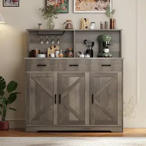 Garvee Farmhouse Sideboard Buffet with Microwave Stand, Barn Doors Buffet Storage Cabinet with Drawers and Shelves, Wood Coffee Bar Cabinet for Kitchen, Dining Room, Living Room, Grey