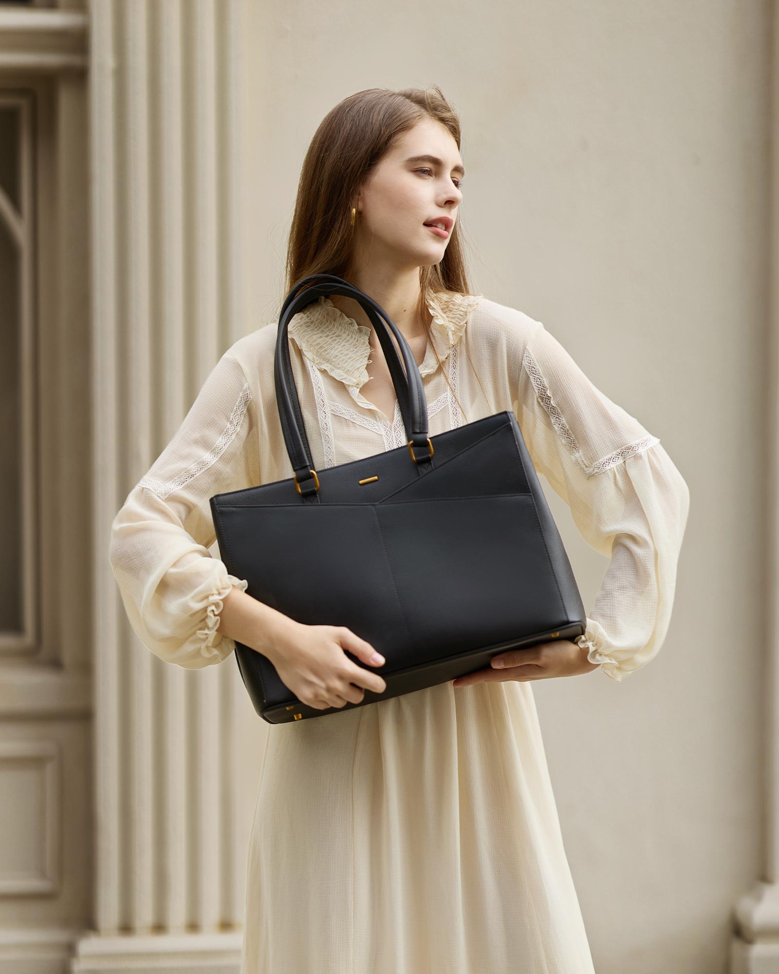 【Valentine's Day Gift】LOVEVOOK ELEVATE Series Top-Grain Leather Tote--100% Cowhide Casual Commuter Bag with V-Neck Design & Laptop Compartment Perfect for Office & Business Travel TikTokShopJumpstartSale