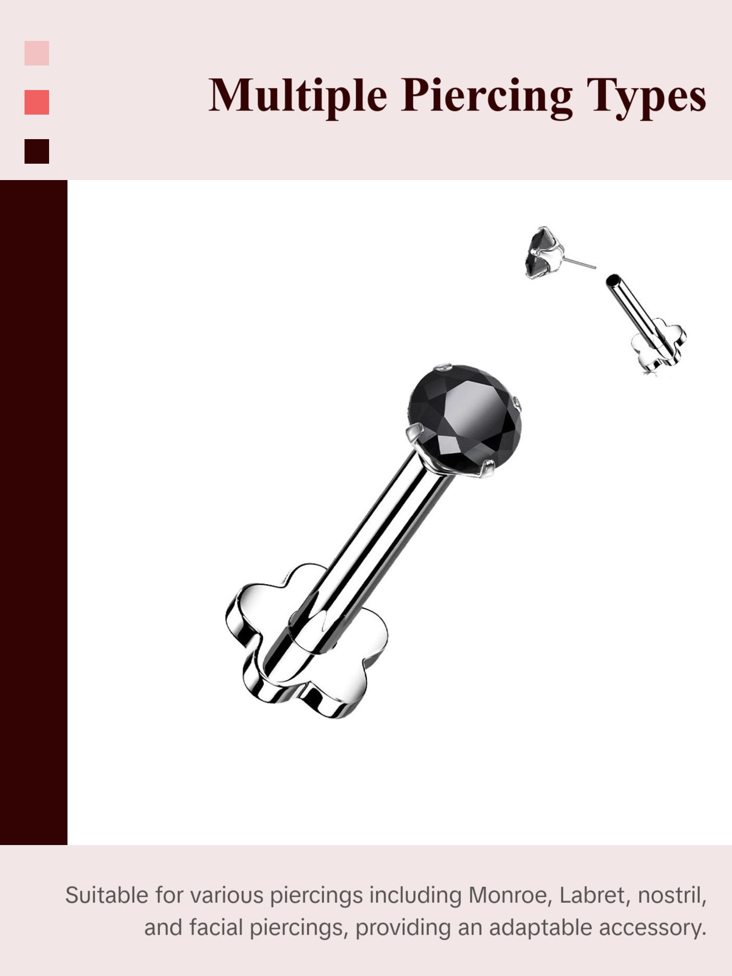 Titanium Monroe / Labret Stud Ring 18 Gauge Threadless Gem Flower Back Titanium Monroe / Labret Stud Ring 18 Gauge Threadless Gem Flower Back