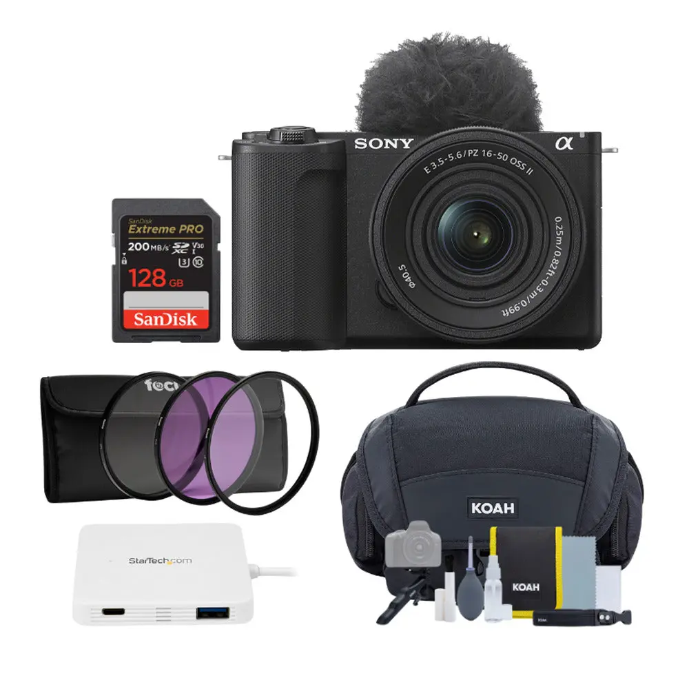 Sony Alpha ZV-E10 II APS-C Mirrorless Content Creator Camera Bundle with Compact Photographic Kit, SD Memory Card, Work Gadget (Black), Shoulder Strap