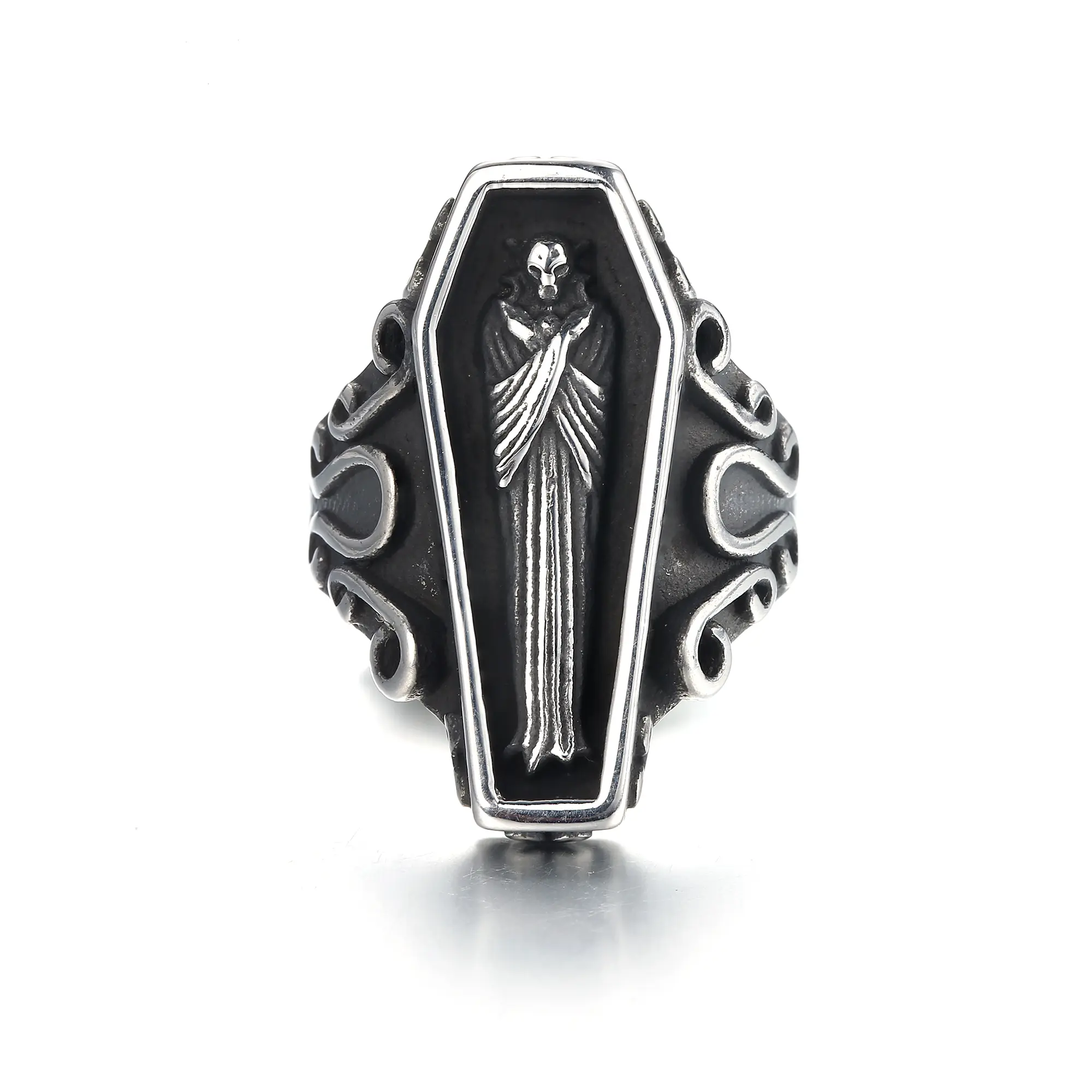 GTHIC Non Tarnish Stainless Steel Vampire Coffin Skull Biker Ring - Unique, Versatile Accessory, Thoughtful Gift for Men (Sizes 5-16) - Durable Statement Jewelry, Unique Accessory, Stainless Steel Rings, Dark Aesthetic Rings