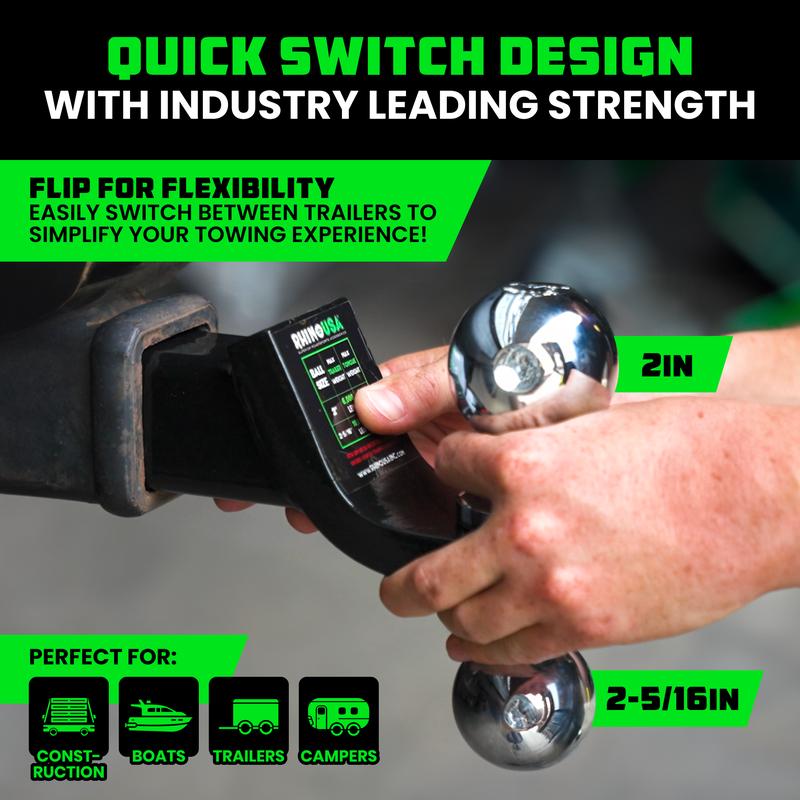 Rhino USA Dual Ball Hitch, Heavy Duty Reversible Tow Hitch Fit 2" Receiver, 2" & 2 5/16" Trailer (10,000 LB GTW) With Weatherproof Anti-Theft Lock Pin