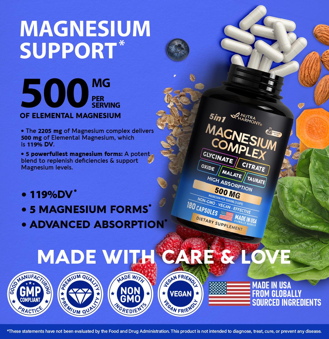 Magnesium Supplement Complex 5 in 1 - Glycinate, Citrate, Malate, Taurate, Oxide for Energy - Made in USA - Vegan, Natural, Non-GMO - 180 Capsules