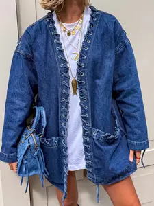 Women's Loose Tie-Waist Denim Jacket, A Stylish & Versatile Casual Denim Cardigan Top, Suitable For Spring, Autumn And Winter