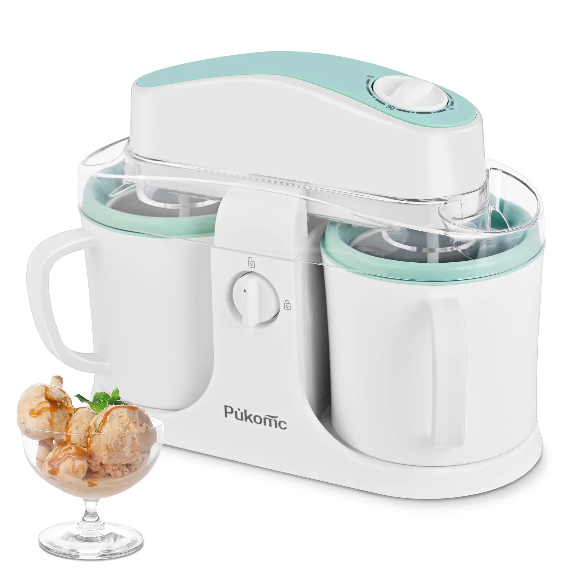 Pukomc Dual Fast-Chill Bowl Ice Cream Maker Machine - 1-Button Operation, Timer Control, Effortless Mixing, Easy to Clean Kitchen Appliance for Homemade Gelato & Family Use