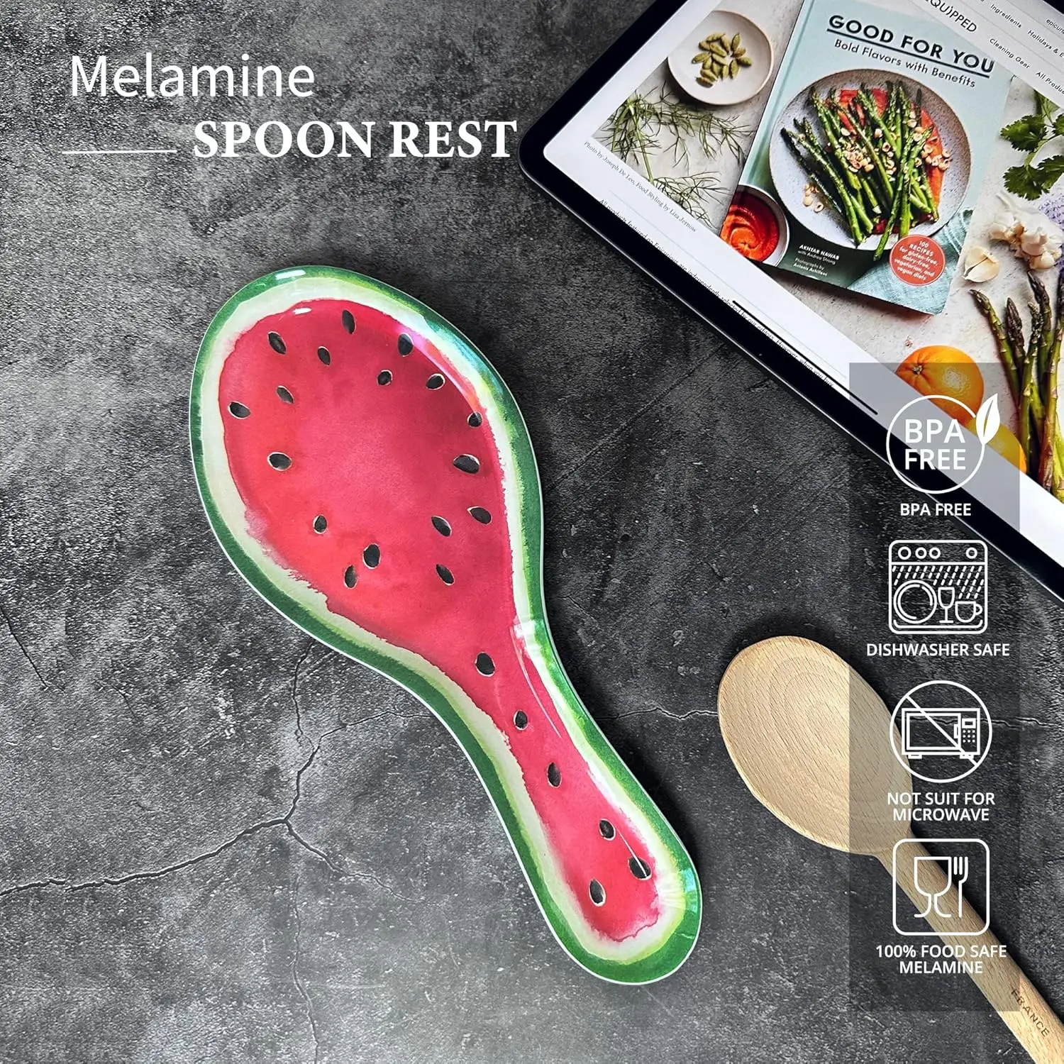 Watermelon Melamine Spoon Rest, Cooking Spoon Holder for Stove Top, Kitchen Counter, and Dining Table, 9.625 Inch, Red