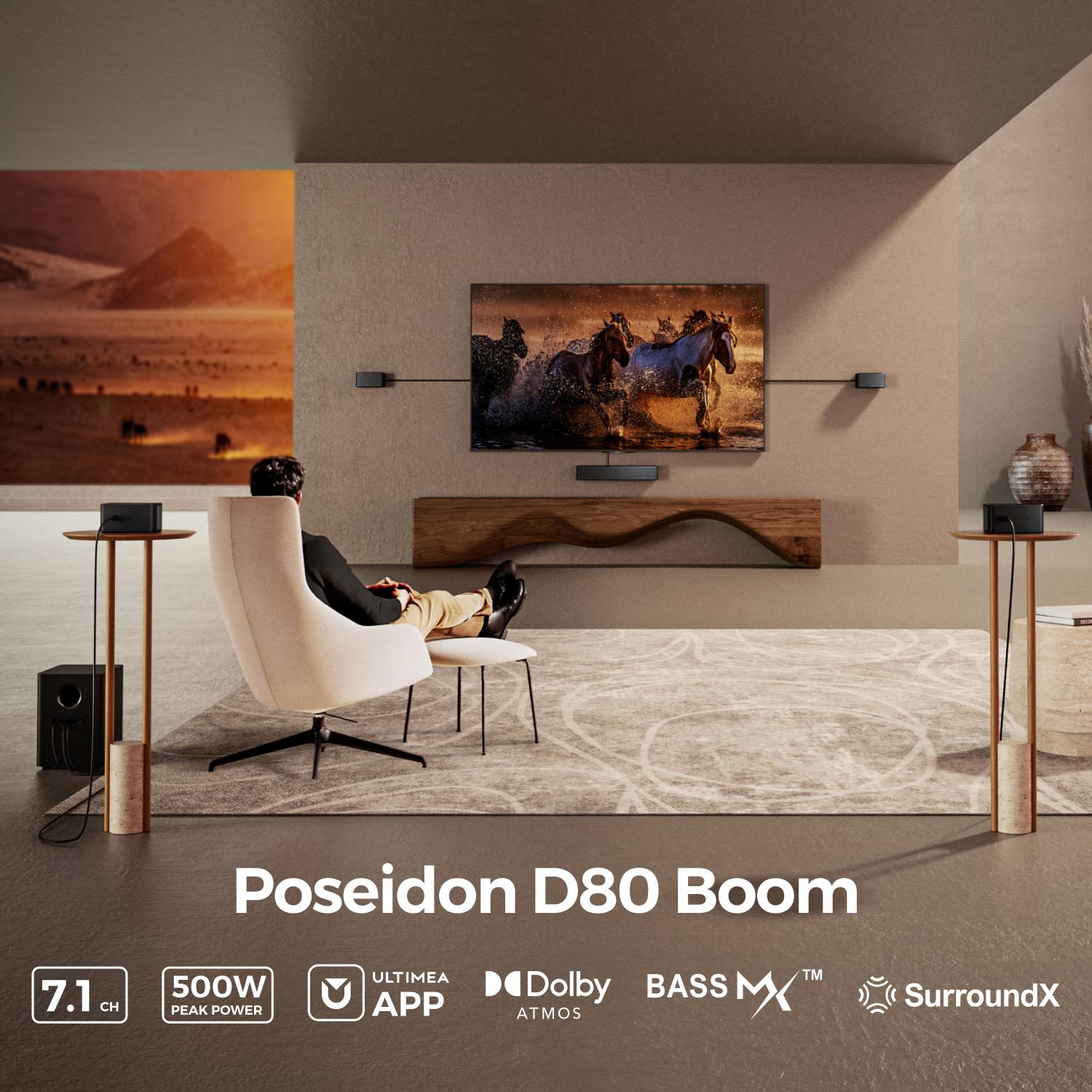 ULTIMEA Poseidon D80 BOOM Soundbar 7.1ch Dolby Atmos with Explosive Deep BASS Subwoofer, 4 Wired Surround Speakers, Subwoofer, HDMI eARC, Bluetooth & App Control – 2025 New Version Home Theater System for Powerful Surround Sound Experience, Black Friday