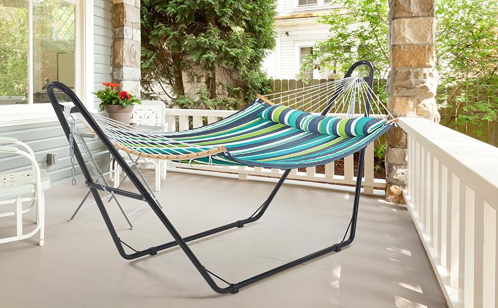 【2-3 People, Double Stand】Yaheetech Heavy-Duty 55in Hammock with Steel Stand, Padded Hammock for Outdoor Balconies/Porches/Patios/Decks/Backyards, 475LB Capacity 【2-3 People, Double Stand】Yaheetech Heavy-Duty 55in Hammock with Steel Stand, Padded Hammock for Outdoor Balconies/Porches/Patios/Decks/Backyards, 475LB Capacity