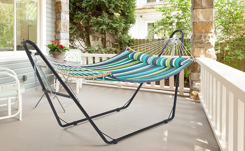 【2-3 People, Double Stand】Yaheetech Heavy-Duty 55in Hammock with Steel Stand, Padded Hammock for Outdoor Balconies/Porches/Patios/Decks/Backyards, 475LB Capacity