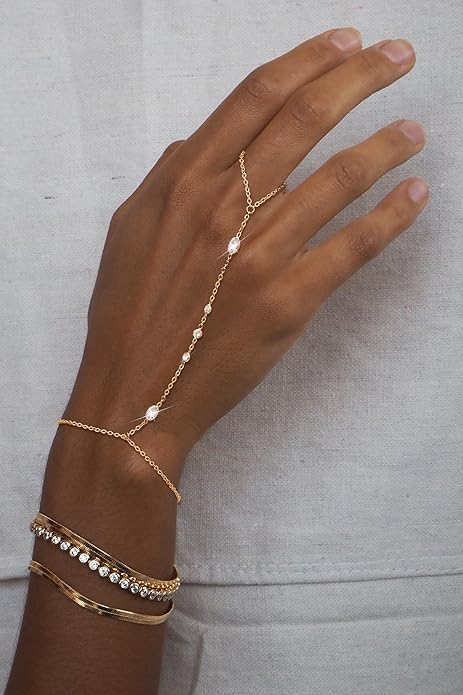 Tewiky 14K Gold Plated Hand Chain Copper Bracelet for Women, 14K Gold Plated Finger Ring Bracelet for Women Trendy, Dainty Simple Waterproof Bracelet Fashion Jewelry for Women For Valentine's Day gifts