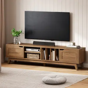 HOOBRO Modern TV Stand for TVs Up to 75 inches, Entertainment Center with 2 Cabinets, Open Compartments, 5 Adjustable Feet, Mid Century TV Console Table, for Living Room, Bedroom, Walnut