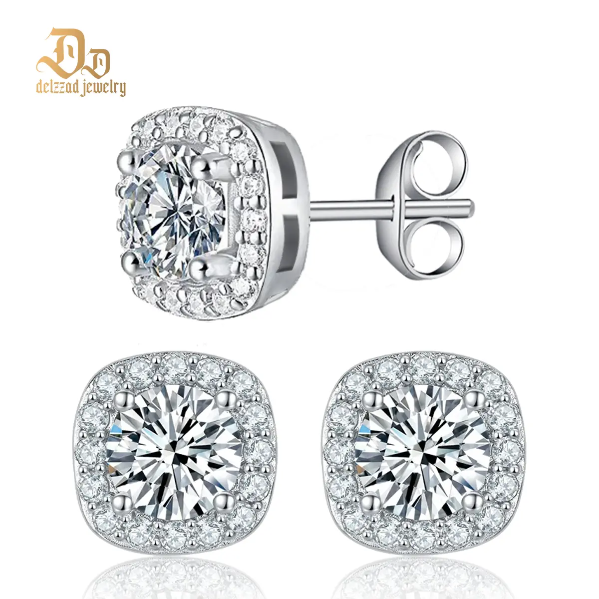 Delzzad S925 Halo Square Lab-Created Moissanite Stud Earring Moissanite Jewelry Perfect Birthday Mother’s Day Unisex Christmas Gift for Men Women Wedding Set