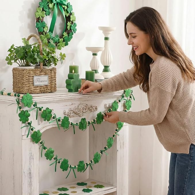 Easter Bunny Garland Banner with Wood Beads for Easter Decor, Rustic Rabbits Hanging Garland for Mantle Fireplace Shelf Wall Display Spring Home Decor, Shamrock Garland for St. Patrick's Day Luck Of The Irish Green Decor, Indoor Party Supplies & Gifts