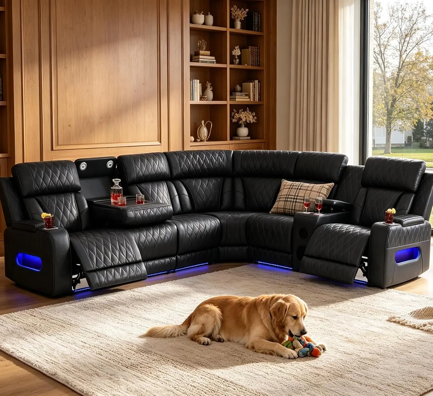 Modern PU Leather Power Reclining L-Shaped Sectional Sofa with Multiple Seats, Speakers, USB Charging Port, Storage Console, Cup Holders, Recliners for Living Room Home Theater | Indoor Furniture Set Couch
