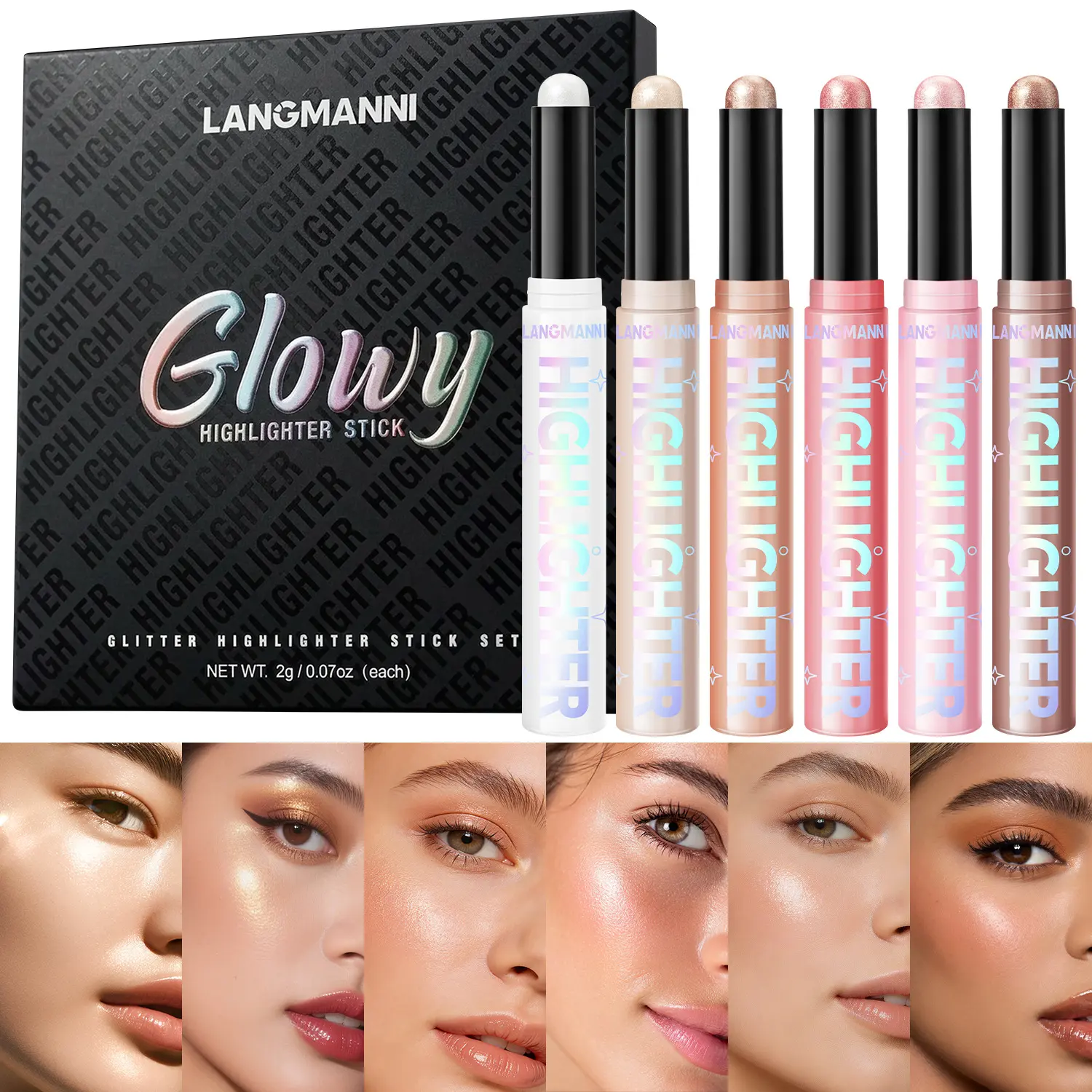 LANGMANNI Glow Highlighter Stick Set, Waterproof Long Lasting Silky Smooth Brightening Contour Stick, Face & Body Dual Use Highlighter Pen for Daily Party Makeup Cosmetic Gift Set