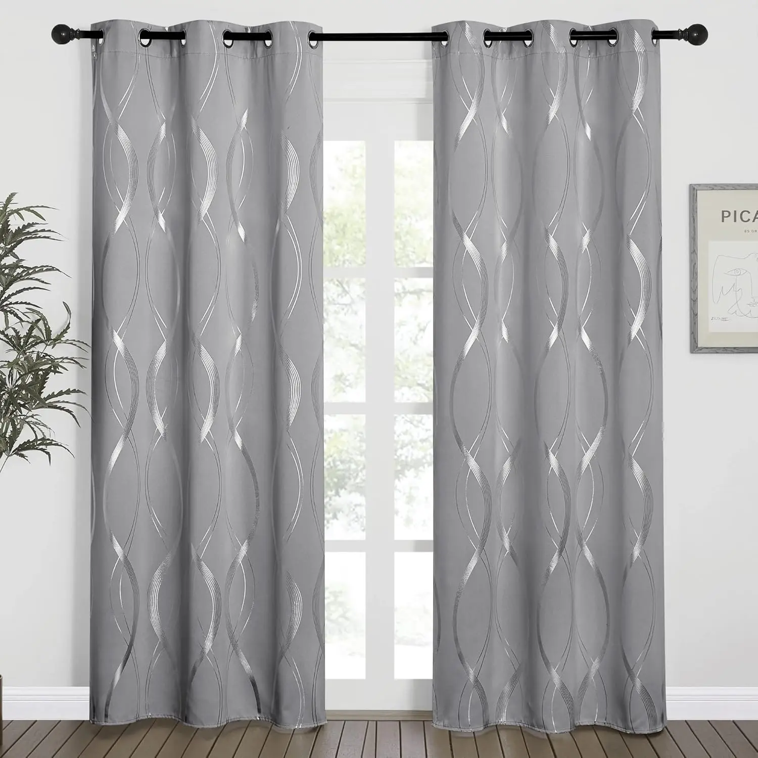 NICETOWN Blackout Window Curtain Panels, Microfiber Noise-Reducing Thermal Insulated Wave Line Foil Print Home Decoration Darkening Curtains for Patio Sliding Glass Door, Sun Glare Shield, Handwash 30°C
