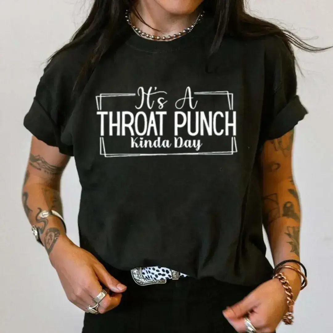 Women's Unisex Basic Funny Graphic T-Shirt - 'Throat Punch Kinda Day' Casual Short-Sleeve Smooth Fabric Seamless Cotton Knit Top with Ribbed Collar