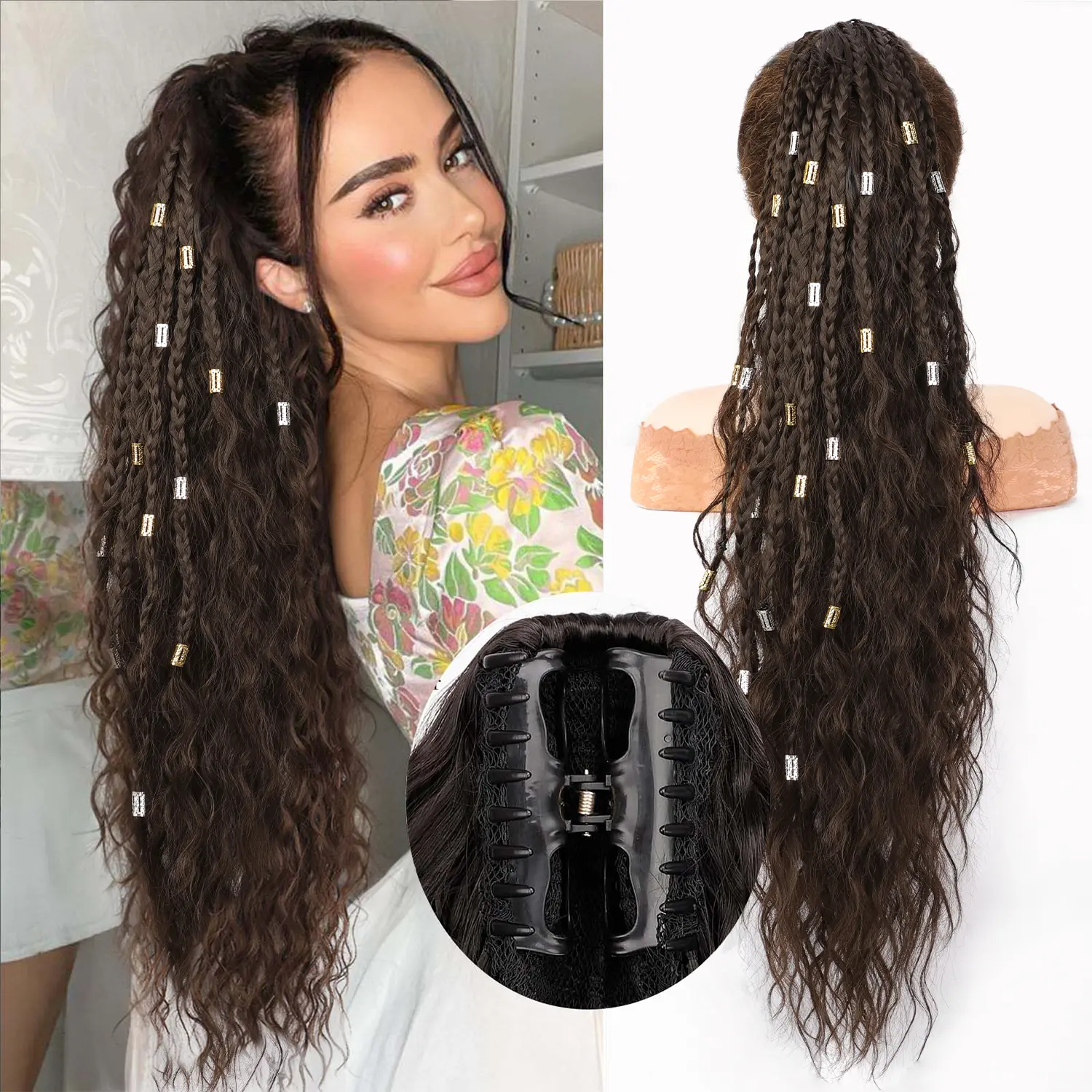 Braided Ponytail Extension, 30-Inch Long Curly Clip-In Synthetic Hair Extensions with Secure Claw Clip, Fluffy Natural Looking Accessories for Women, Clip Hair Extensions