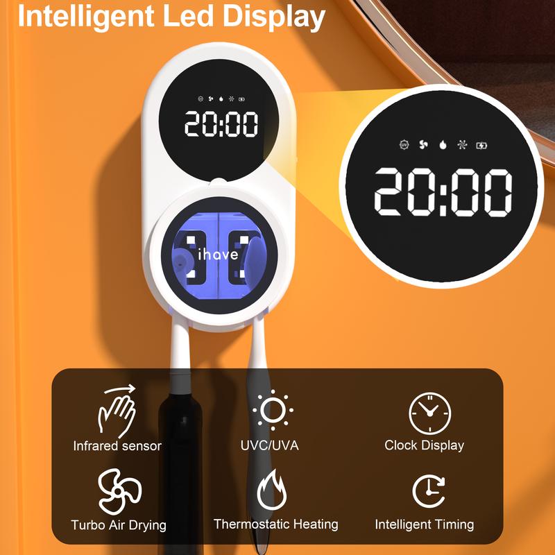iHave Smart UV Toothbrush Sanitizer Holder with Turbo Air Drying & Heating,360° Deep Clean Care Using UV&Ionic Technology,Wall Mounted & Portable Rechargeable Design, Touch & Gesture Control, Hygienic Oral Care Solution for Kids & Adults at Home or Travel