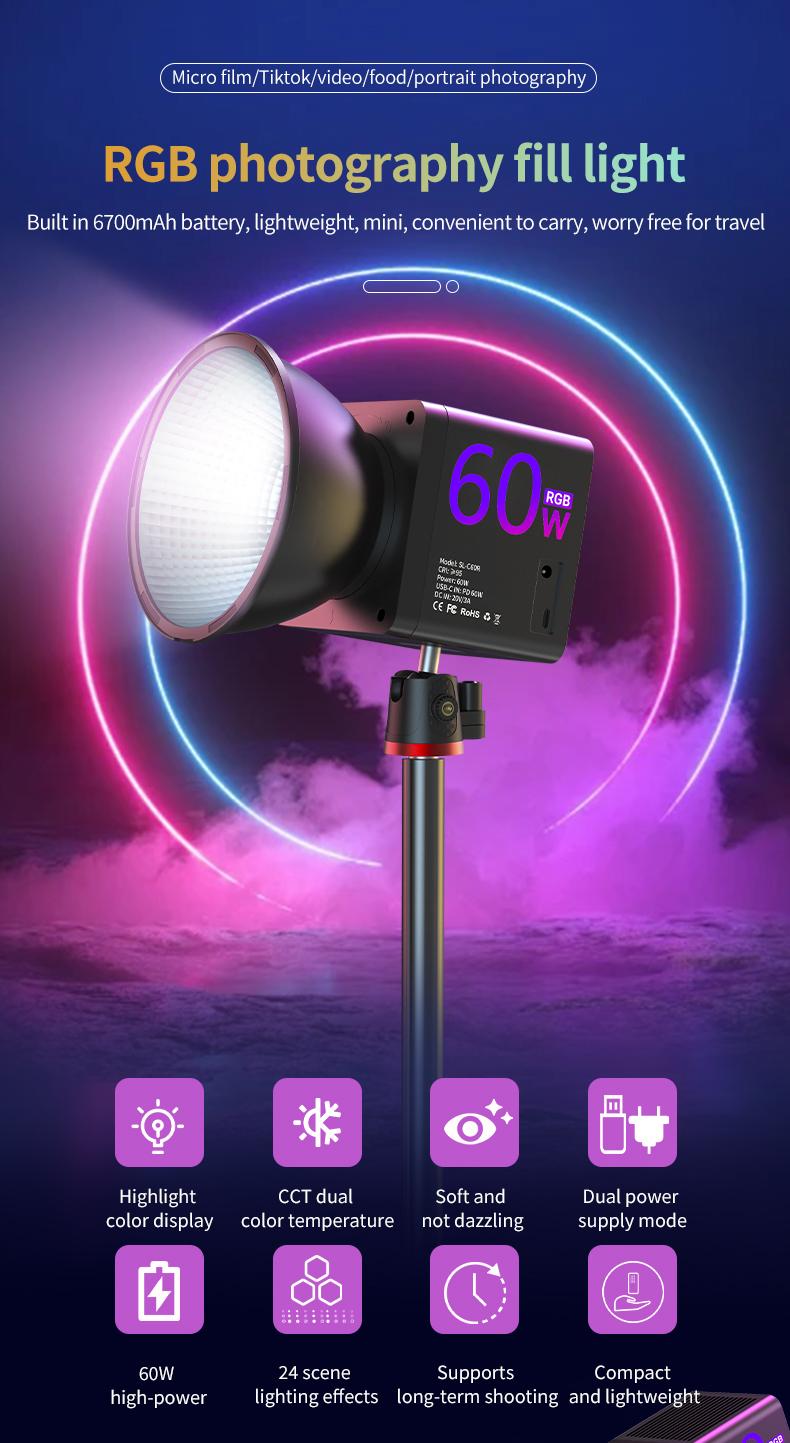 RGB COB Video Light - Compatible with Tripod - 60W USB Charging - Wireless Fill Light, 24 Scene Modes, 13400mAh Battery (5-hour battery life) Suitable for Vlogs, Live Streaming, Photography, and Professional Studio Lighting
