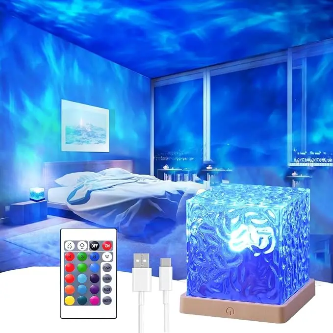 RGB 16-Color USB Powered Ocean Wave Projector, Dimmable Rotating Flame 3D Water-Ripple Lamp with Remote, Indoor Mood Light for Bedroom Decor, Bathroom & Halloween Ambient Lighting