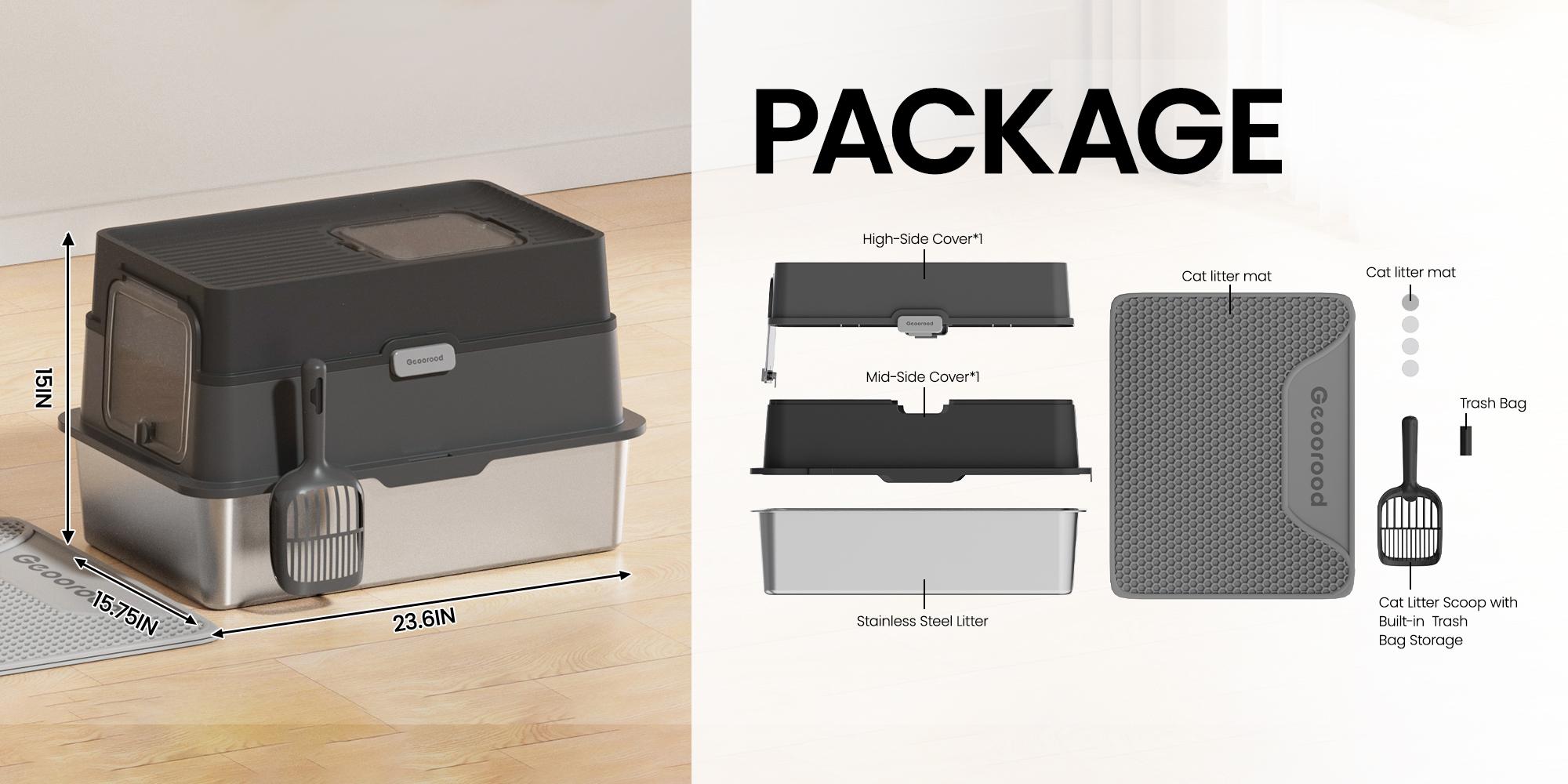 【Geoorood】Geoorood XXL Cat Litter Box Stainless Steel 20L with Lid,  XL Large Metal Litter Box High Sided Design,Anti-Urine Leakage, Include Cat Mat & Litter Scoop, Never Absorbs Odors, Easy Cleaning, Non-Sticky#February Stock Up