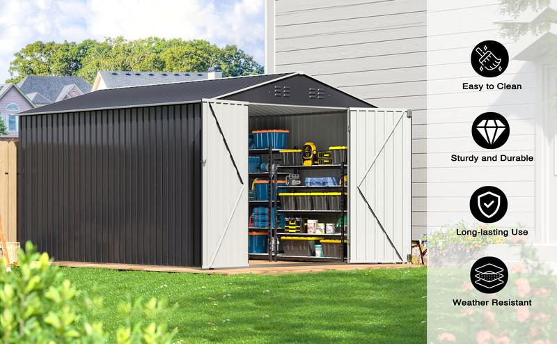 Outdoor Storage Shed - A Weatherproof Metal Utility Shed equipped with a Door and Ramp Access, Perfect for Exterior Applications in Gardens, Backyards, and Patio Areas. Outdoor Storage Shed - A Weatherproof Metal Utility Shed equipped with a Door and Ramp Access, Perfect for Exterior Applications in Gardens, Backyards, and Patio Areas.