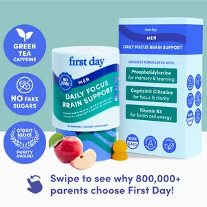 FIRST DAY Men’s Daily Focus Brain Support Gummies – Cognitive Support for Concentration, Focus & Memory – with Cognizin, Phosphatidylserine, Vitamin B3 – 30-Day Supply