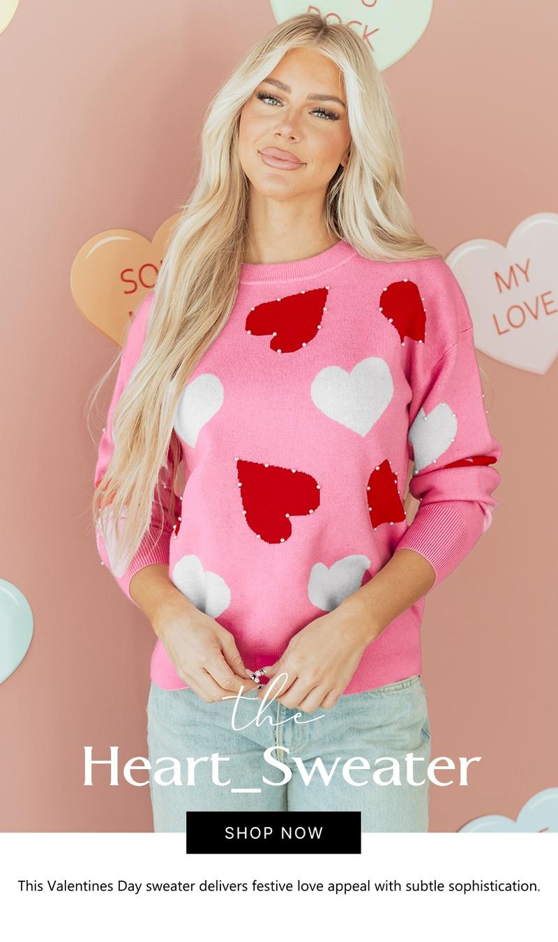 Asvivid Women's Faux Pearl Embellished Heart Pattern Valentines Day Sweater Tops Long Sleeve Pink Knitwear for Casual Wear Womenswear