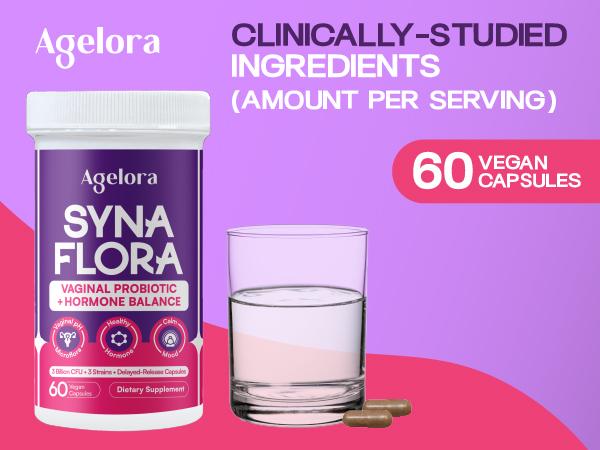 AGELORA SynaFlora Vaginal Probiotic + Hormone Balance for Women | pH Support, Odor Control & Libido Boost | Maca Root, Hops Flower, Saffron Crocus | 60 Vegan Capsules