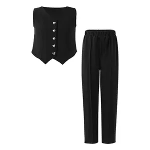 8-12Y Girl's 2 Piece Outfits Elegant Sleeveless Suit Vest & Long Elastic Casual Pants Set