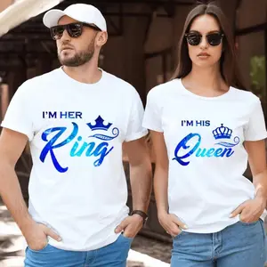 Graphic Tee Romantic Gift His & Hers King & Queen Crown Graphic T-Shirts Funny Valentine's Day Tees for Couples Crewneck Fitted Shortsleeve Anniversary Love Womenswear Clothes Matching Party Suits Casual