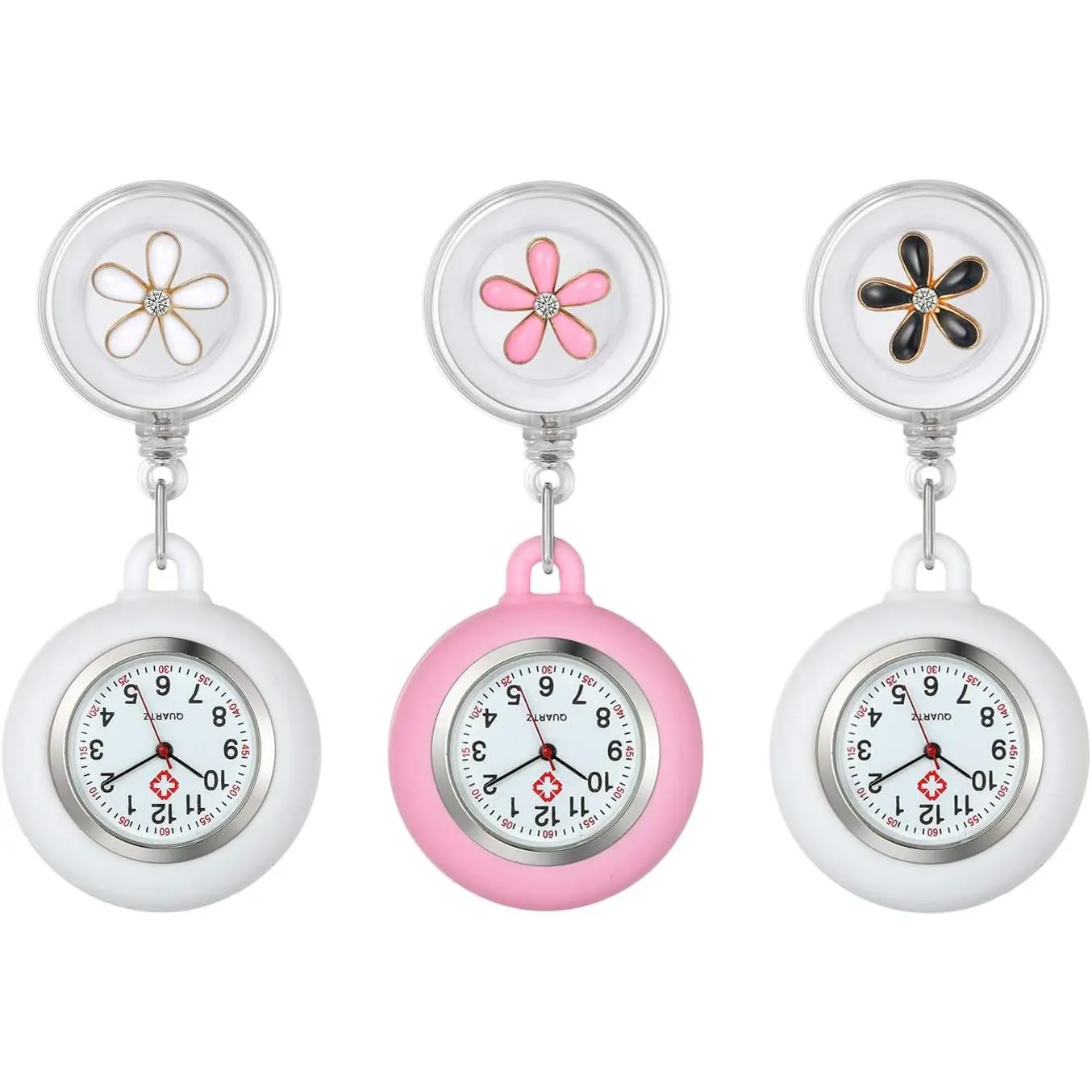 Lots of 3 Retractable Nurse Watch with Second Hand for  Doctors Clip-on Lapel Hanging Nurse Watches Cute Leaves   Cover Badge  Fob Pocket Watch for Women and Men