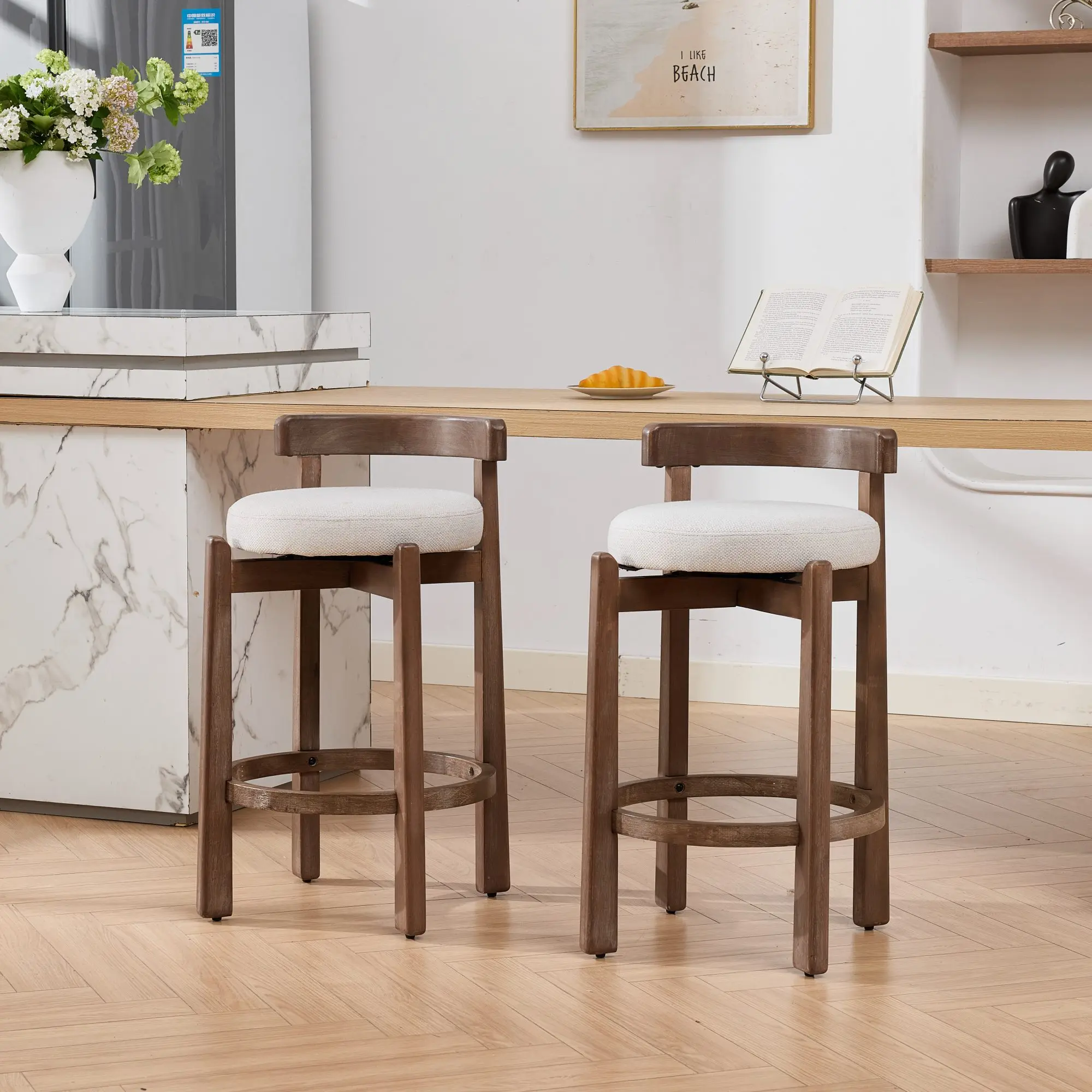 Counter Height Barstools Set of 2 - Mid-Century Modern Swivel Chairs, 26 in Seat Height, Solid Wood Frame, Soft Linen Upholstered with Back & Footrest, Memory Foam Cushion, Ideal for Kitchen Island, Family Use, Farmhouse Room Decor, Beige, Home Bar