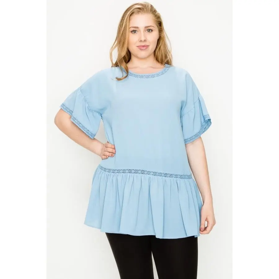 Plus Size Crochet Ruffled Koshibo Top – Women's Short Sleeve Tunic Style
