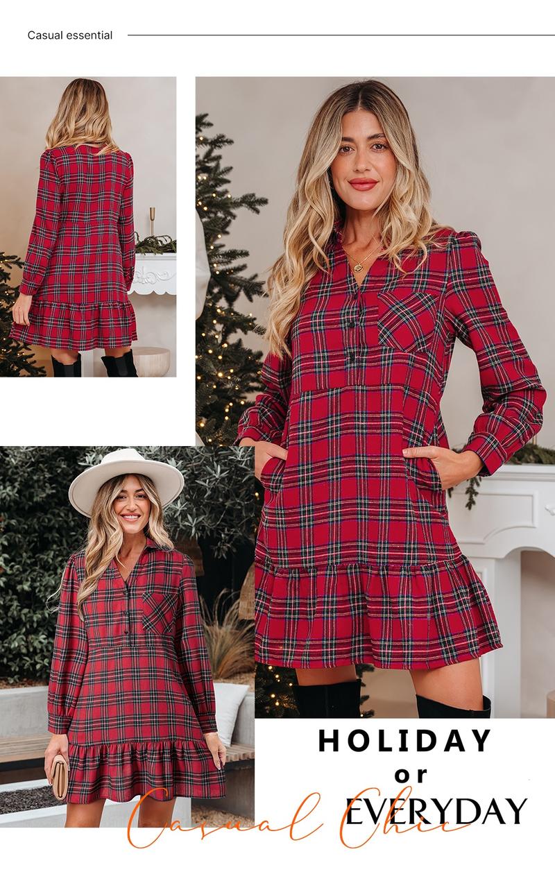 Asvivid Women's Classic Plaid Shirt Collar Half Button Ruffle Hem Long Sleeve Mini Dress for Casual Wear Christmas Holiday Asvivid Women's Classic Plaid Shirt Collar Half Button Ruffle Hem Long Sleeve Mini Dress for Casual Wear Christmas Holiday
