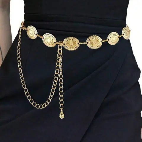 Women's Metal B-Style Design Waist Tie Belt - 1 Golden Circular Chain, Elegant Versatile Autumn Fashion Costume Body Jewelry Accessory