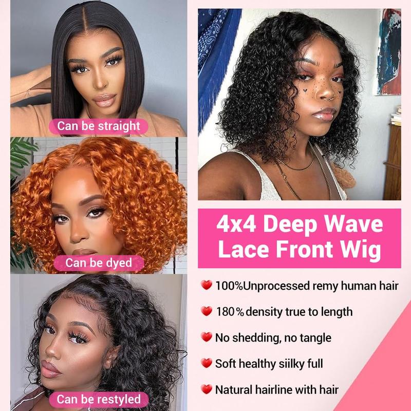 Deep Wave BOB Wig Human Hair 4x4 HD Curly BOB Lace Front Wigs Human Hair Pre Plucked Wear And Go Glueless Short Curly Frontal BOB Wigs For Black Women Wet And Wavy