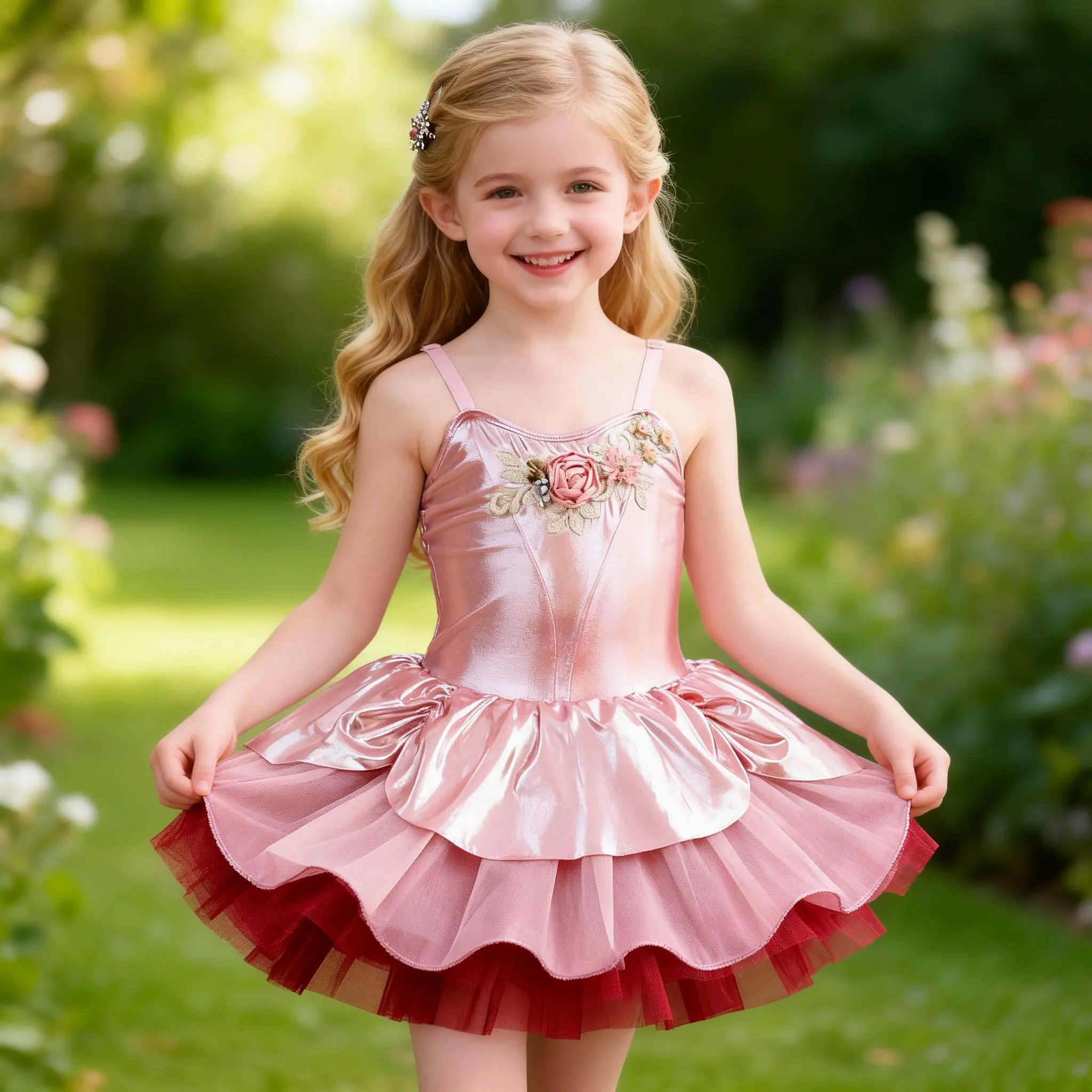 Little Girl Pink Shiny Princess Dress with Red Tulle Hem - Ideal for Garden Party & Stage Performance Birthday Clothes