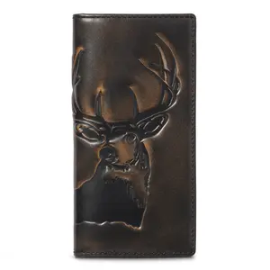 Men's Deer Long Bifold Wallet, Genuine Leather