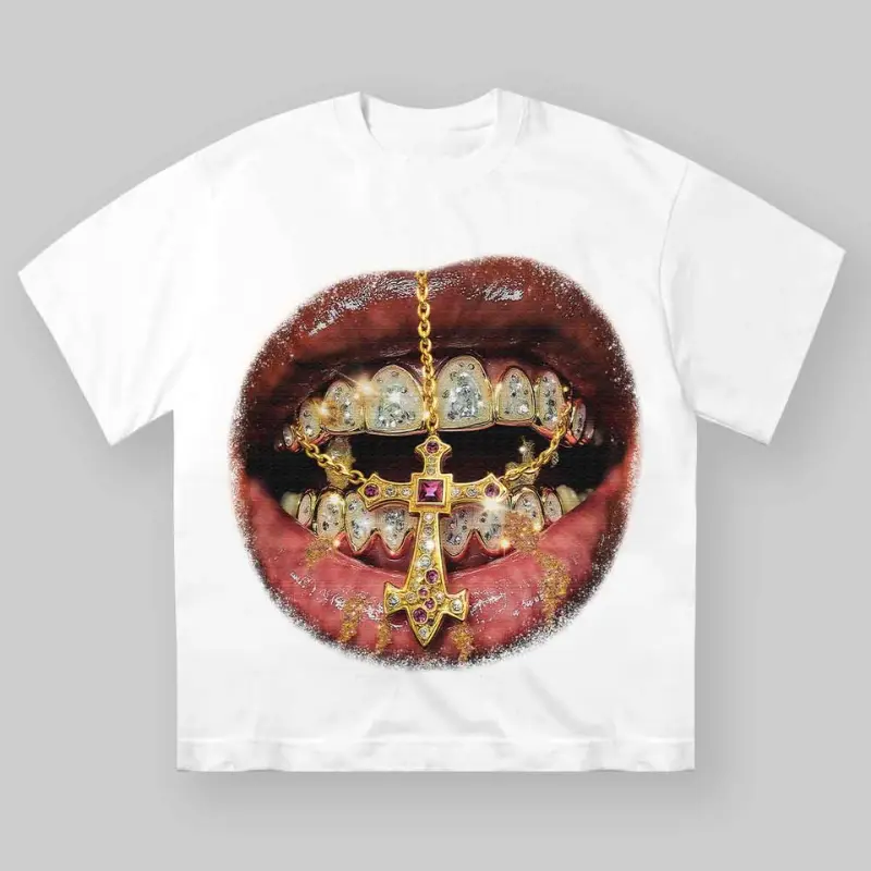 High-Quality Golden Cross Diamond Patch Grills Print Y2k T-shirt, Unisex Crewneck T-Shirt - Medium, Short Sleeve, Casual Streetwear Printed Tee