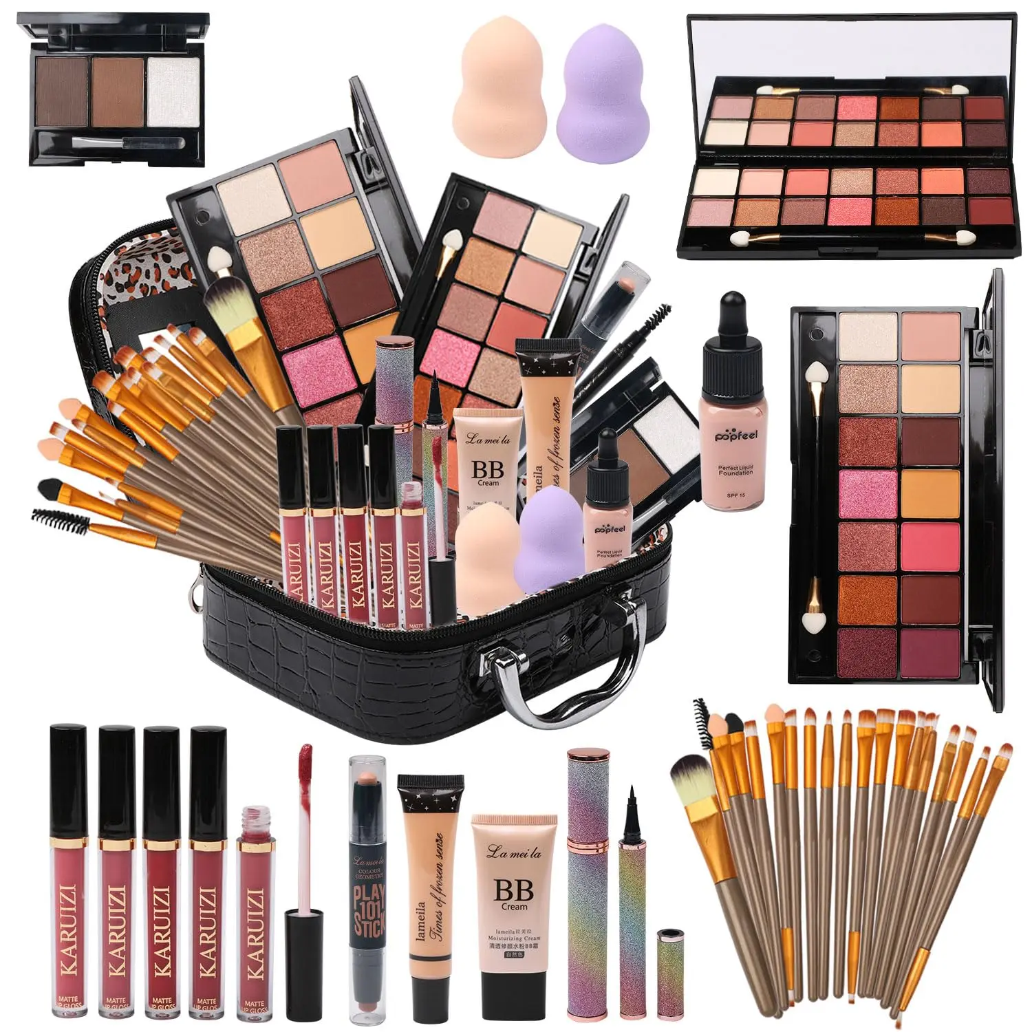All-in-1 Multi-Pack Makeup Kit, Long-Lasting Waterproof Cosmetic Set with 2 Eyeshadow Palettes, 3 x Foundation, Contour, 20 Brushes & Storage Bag for All Skin Types, Wedding Makeup Products, Powder, Beauty Glow Set, All-In-One Makeup Kit