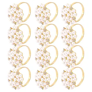 12 Pcs Gold Napkin Rings,Pearls and Flower Napkin Buckles,Rhinestone Bling Round Holders for Wedding Party Dinner Holiday Banquet Christmas Thanksgiving Day Home Table Decoration,Hand Tools Kits