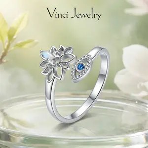 925 Elegant Lotus Flower Ring with Blue Evil Eye Protection Jewelry Design, Stylish Adjustable Open Unisex Ring for Women, Yoga Lover, Spiritual Jewelry Gift for Daily Wear and Party, Valentine's Day Birthday Gift